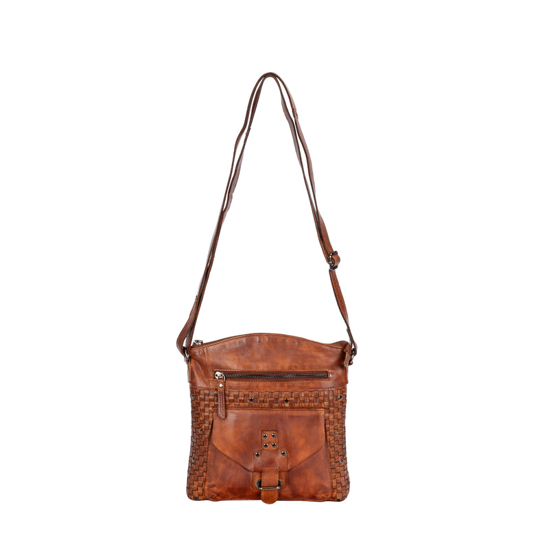 Woven Leather Shoulder Bag - Cognac