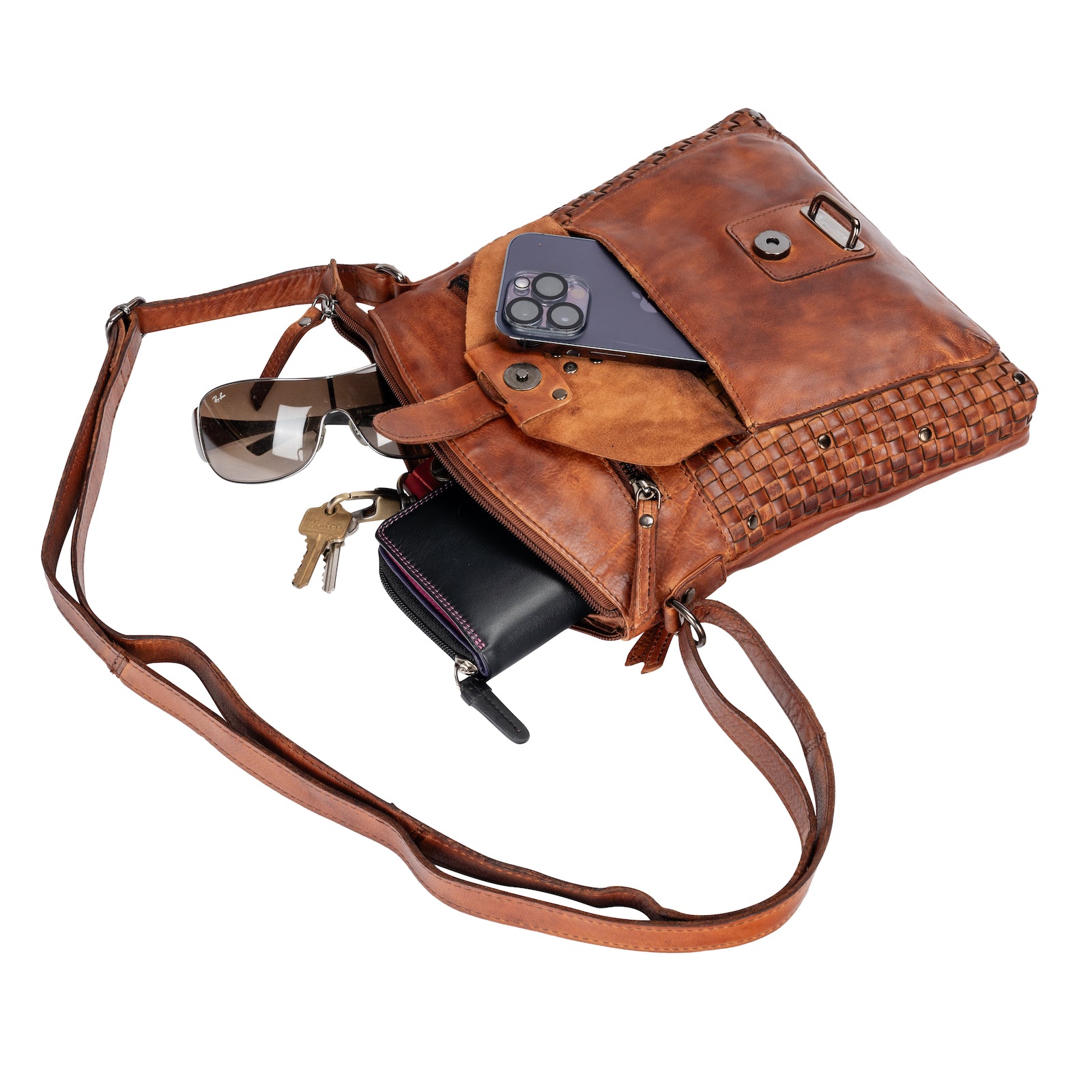 Woven Leather Shoulder Bag - Cognac