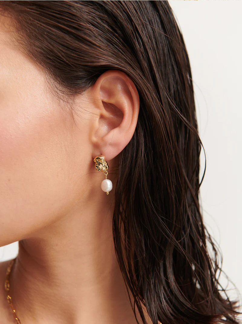 Crafted Block Pearl Earrings - Gold