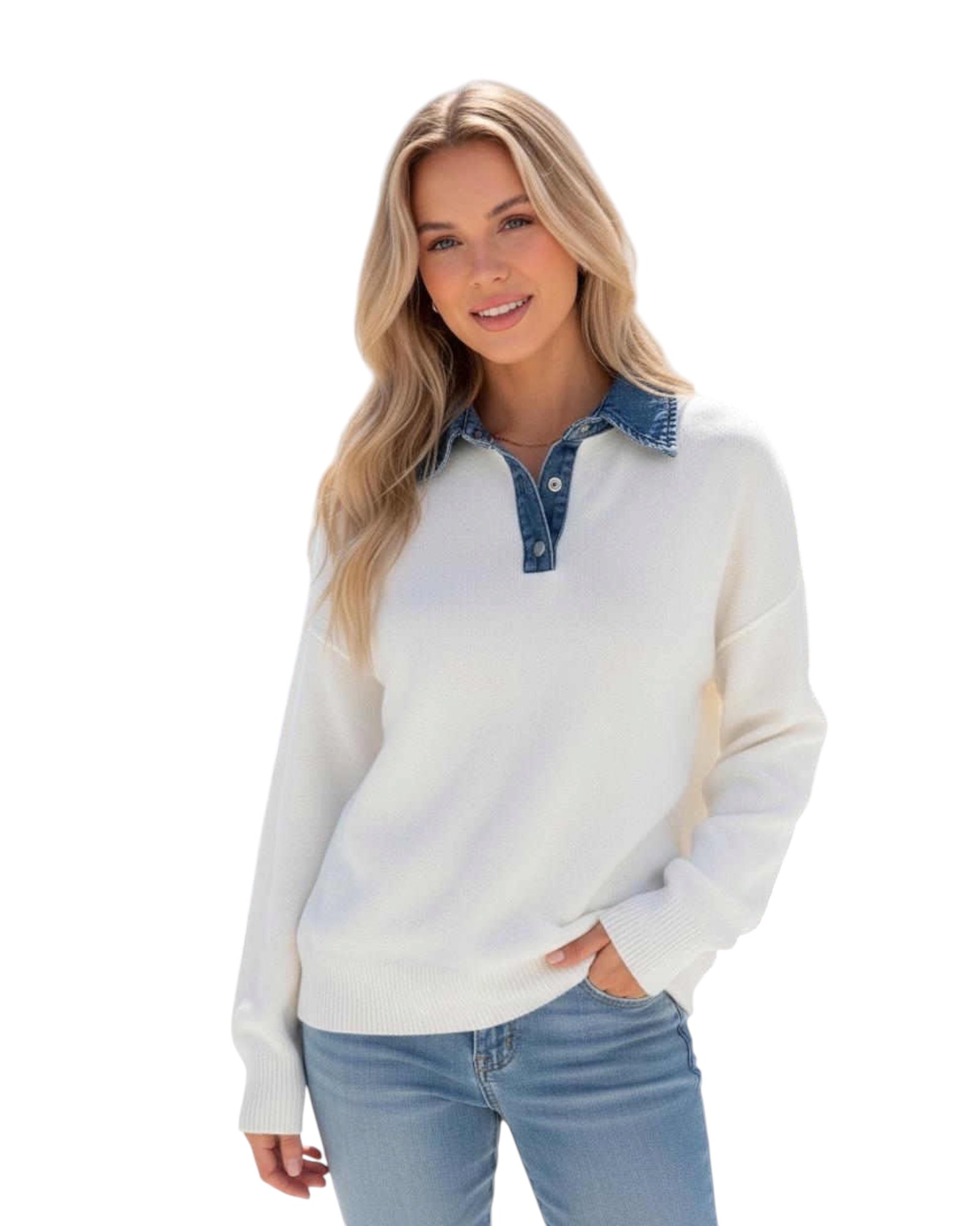 'Phoebe' Denim Collar Knit - Cream