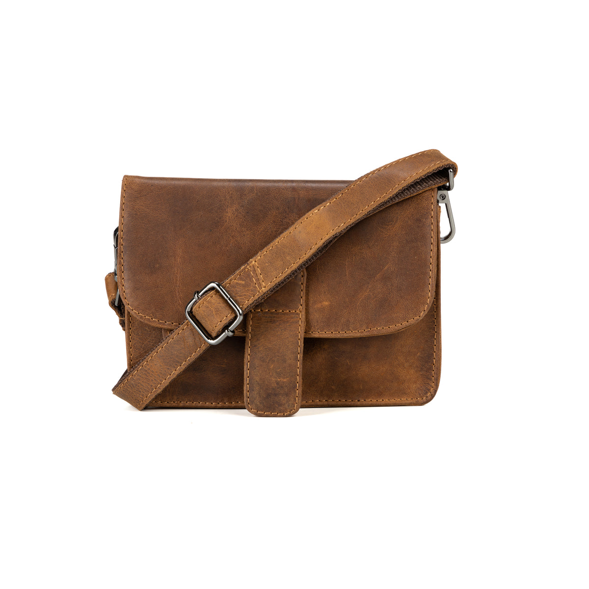 Small Leather Crossbody Mobile Bag - Camel