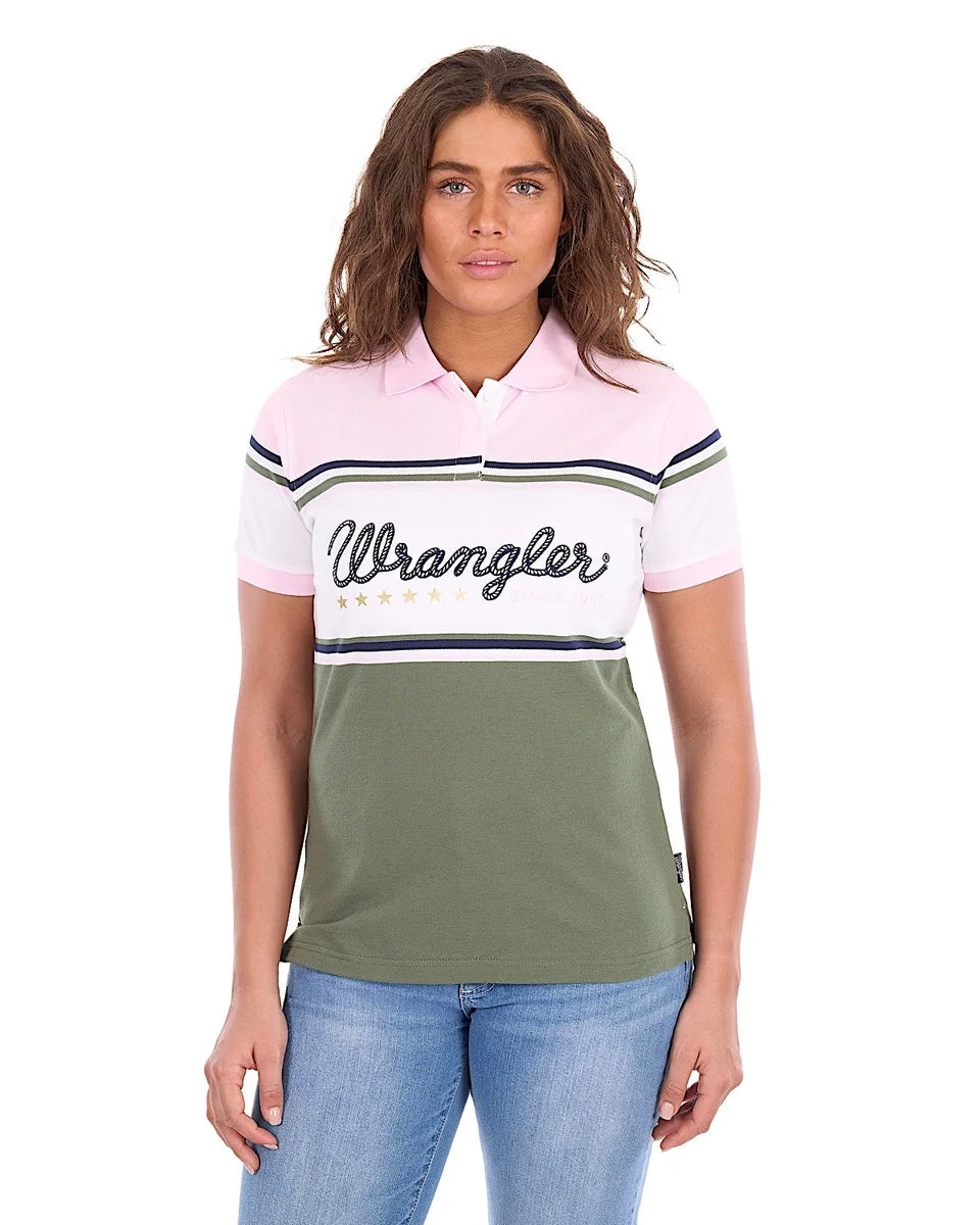 'Stephanie' Stripe Polo Shirt - Olive/Pink