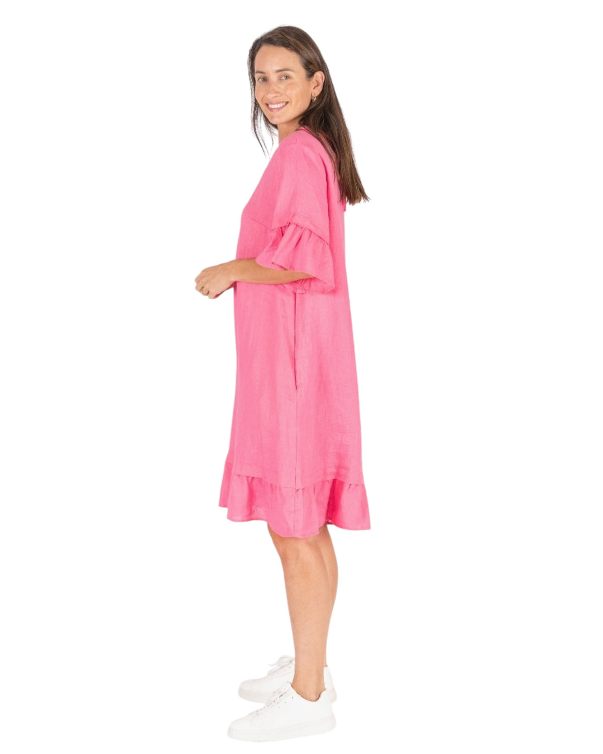 'Aubrey' Linen Frill Dress - Pink