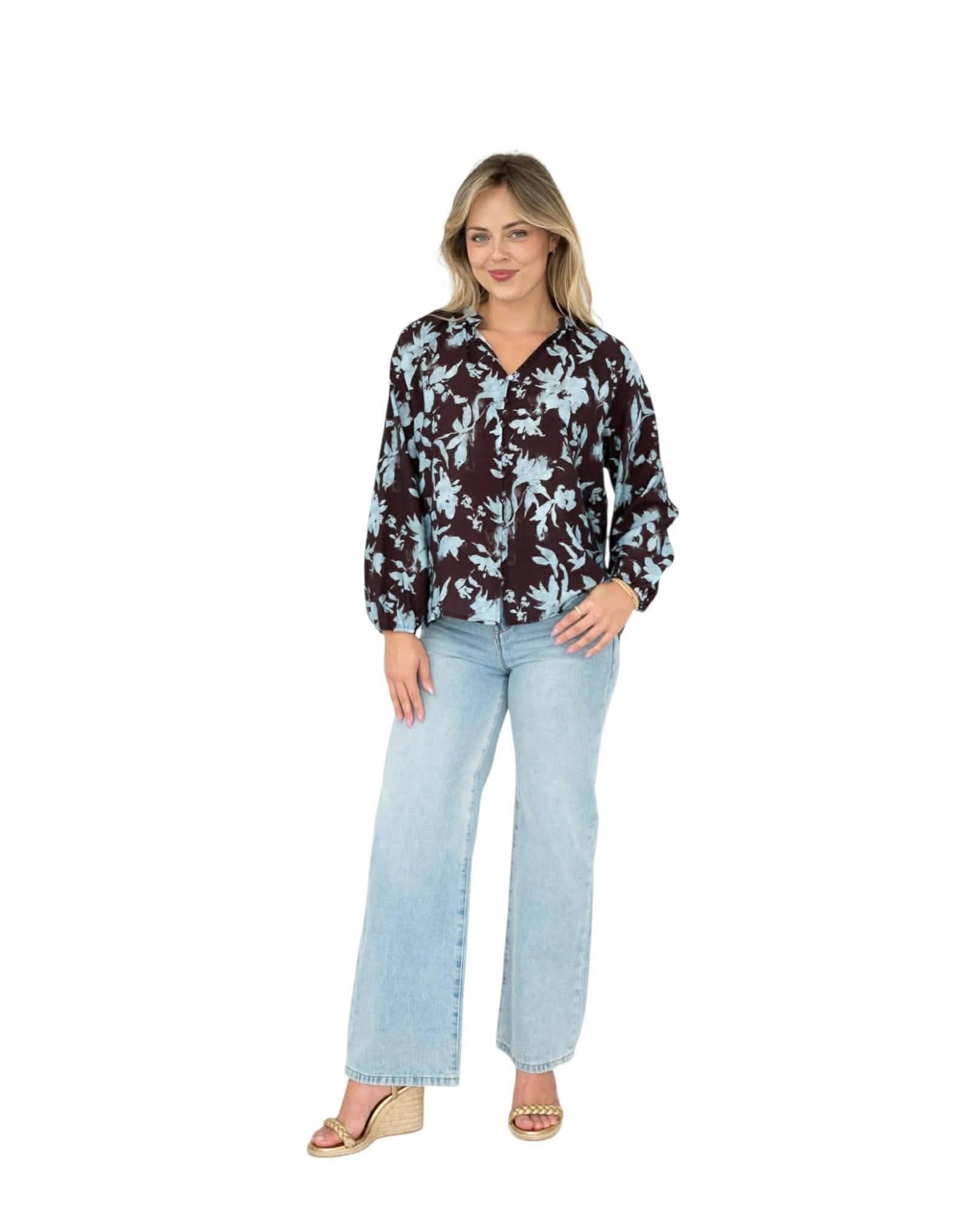 ‘Emily' Floral Top - Choc/Blue