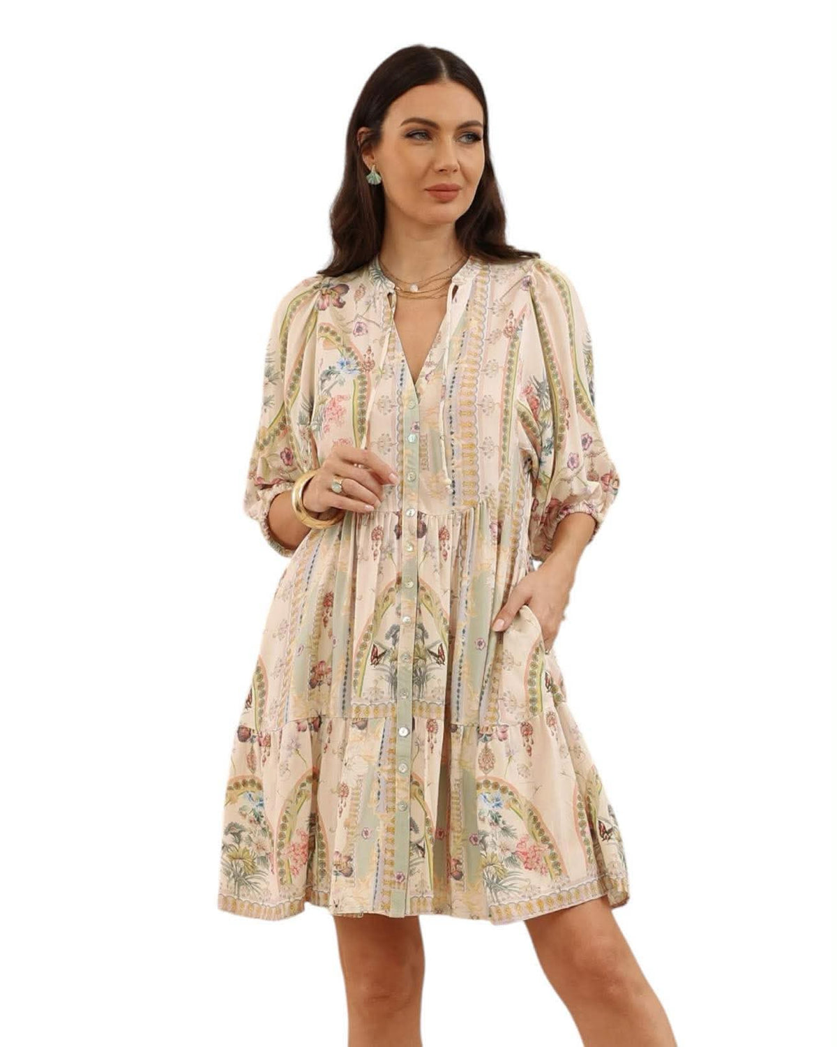 ‘Jess' Vintage Print Dress - Pink/Sage