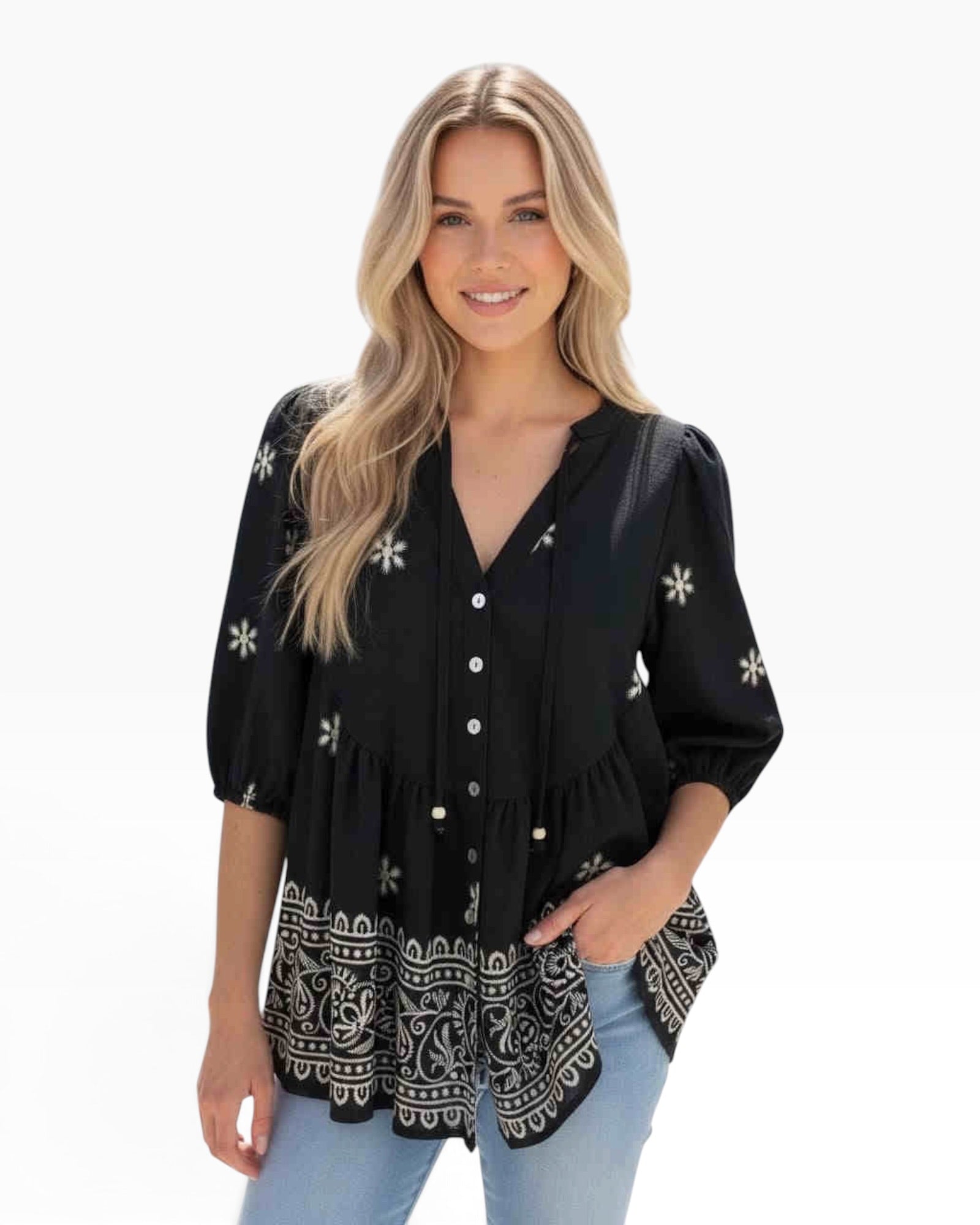 'Polly' Print Top - Black