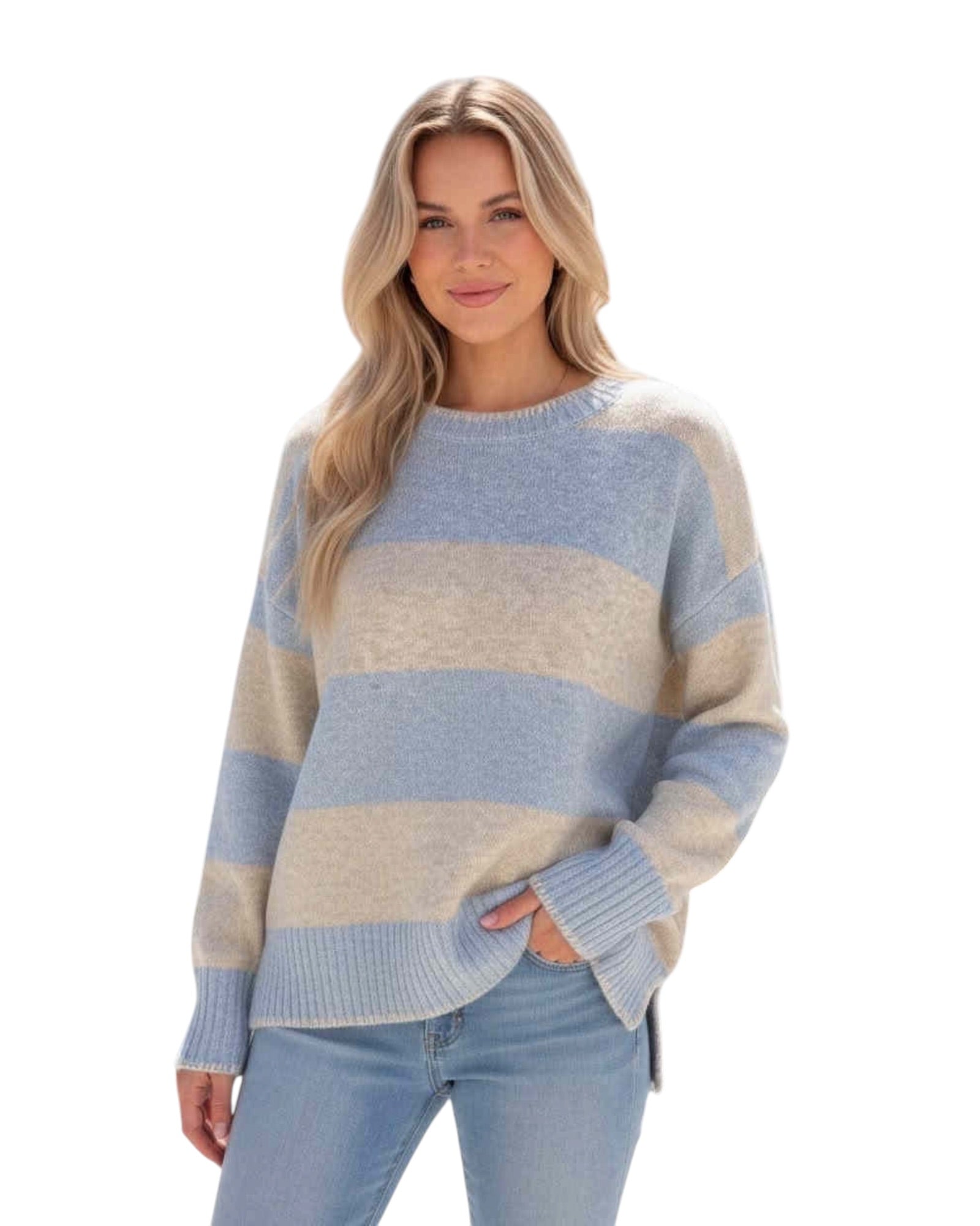 'Zoe' Stripe Knit - Oat/Blue