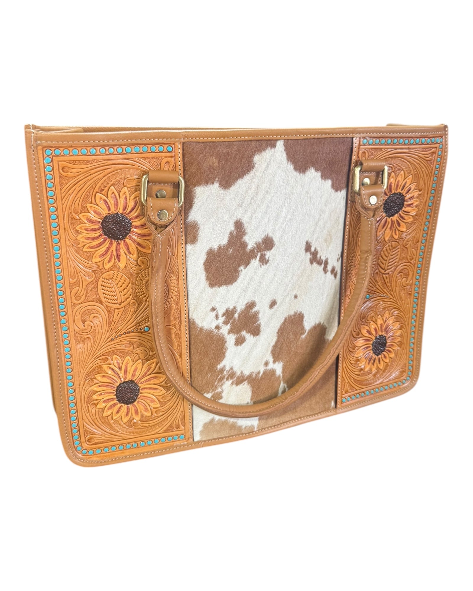 Cowhide Sunflower Tooling Leather Tote Bag