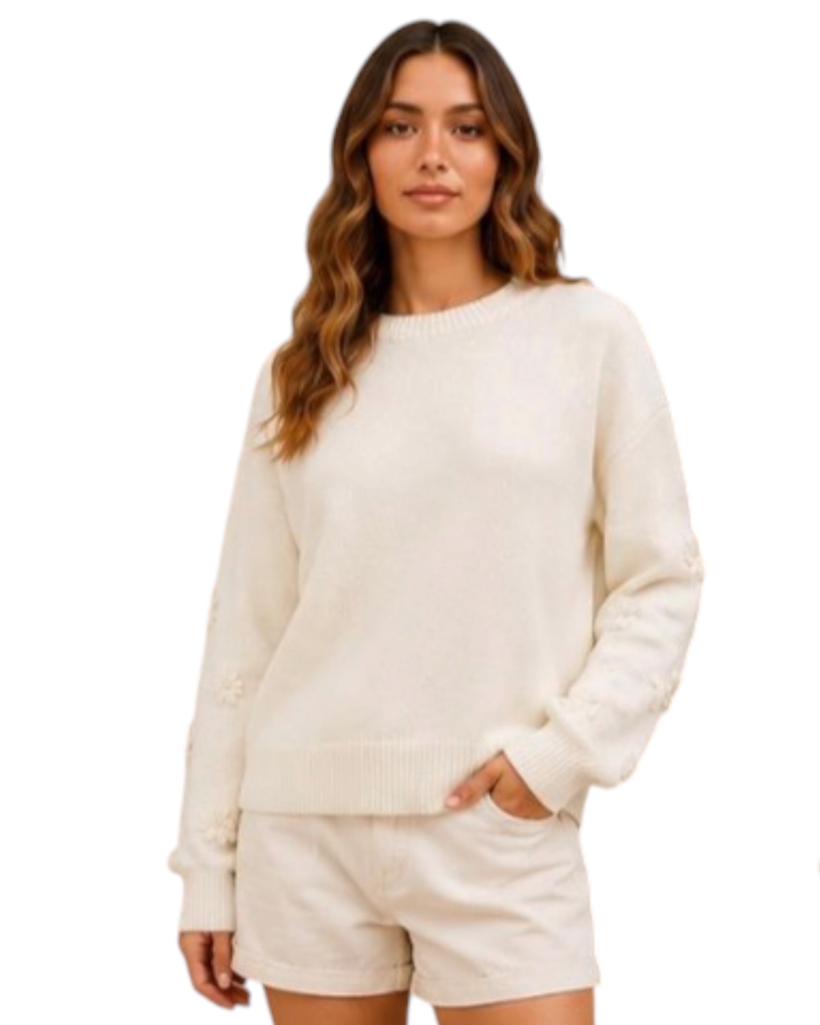 'Sal' Flower Sleeve Knit - White