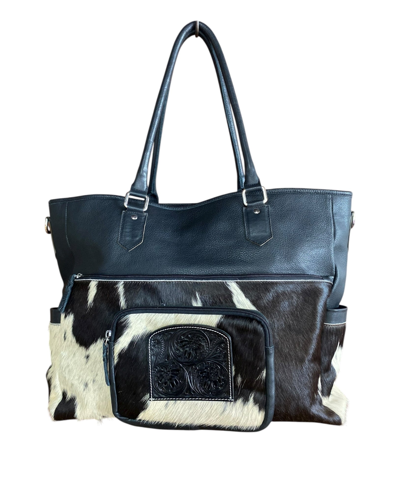 Cowhide Tooled Leather Nappy Bag - Black