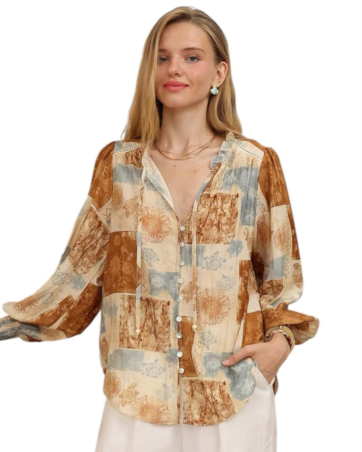 'Kathryn' Top - Blue/Tan
