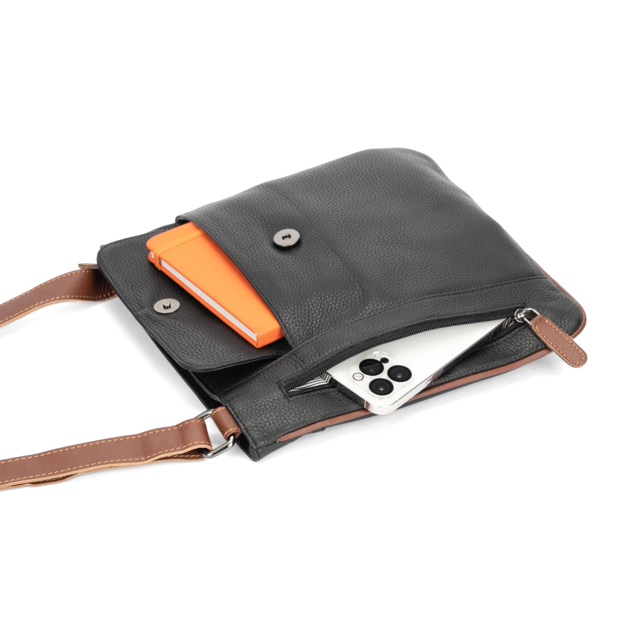 'Elsie' Crossbody Leather Bag - Black & Tan