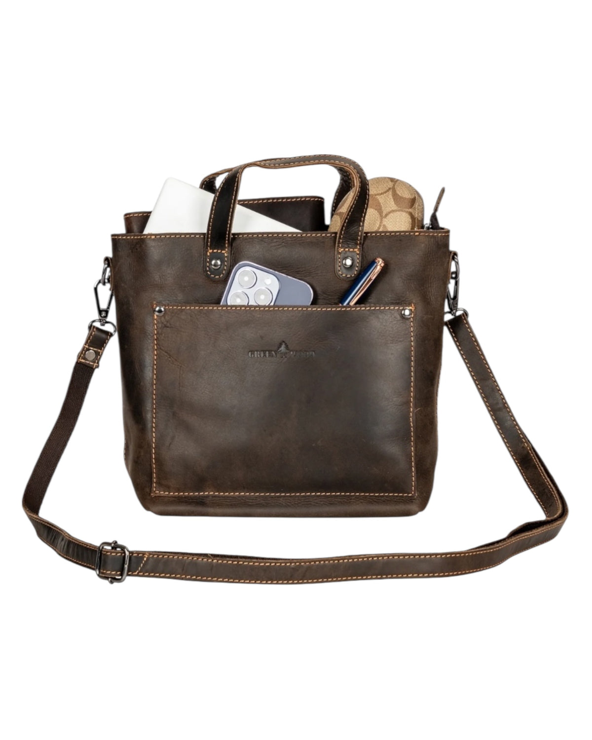 Leather Crossbody Mini Tote - Brown