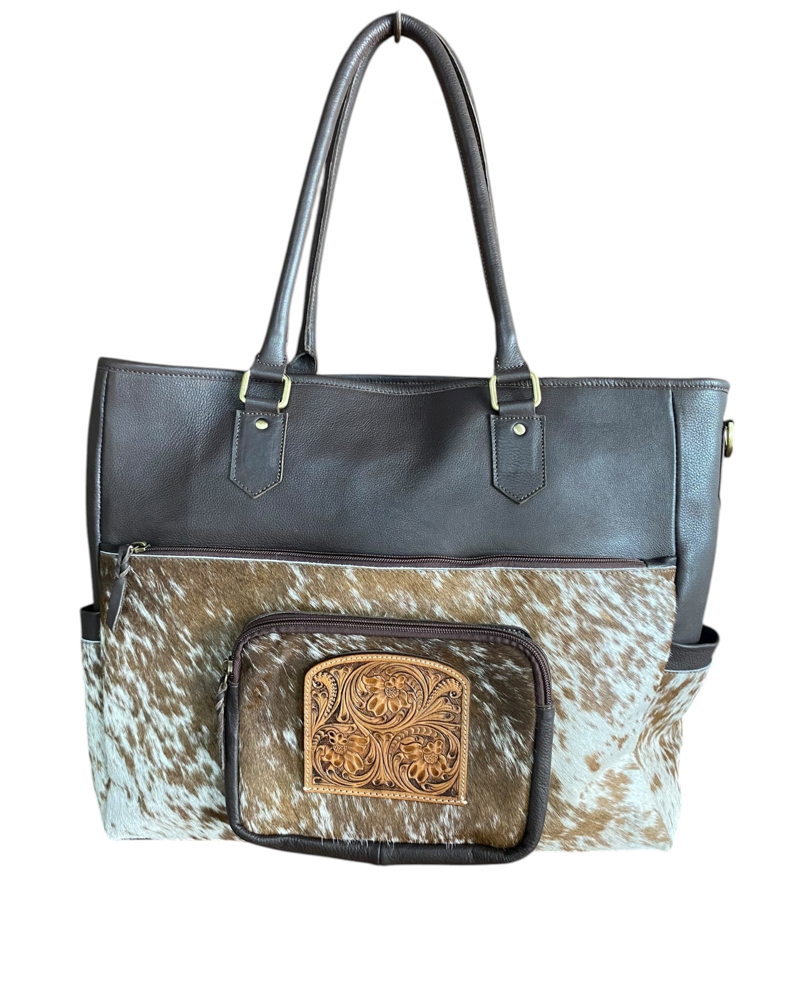 Cowhide Tooled Leather Nappy Bag - Brown