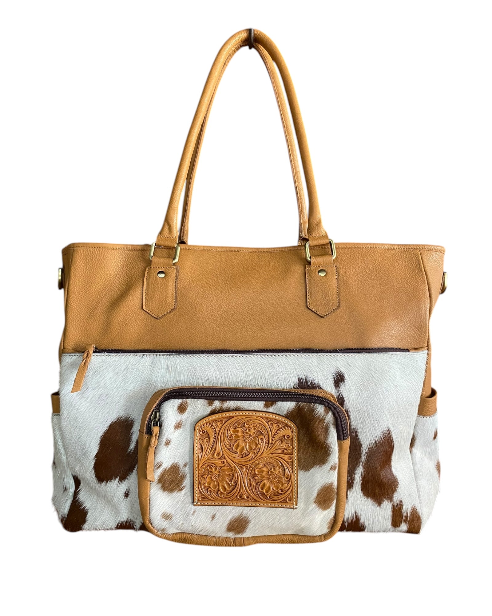 Cowhide Tooled Leather Nappy Bag - Tan