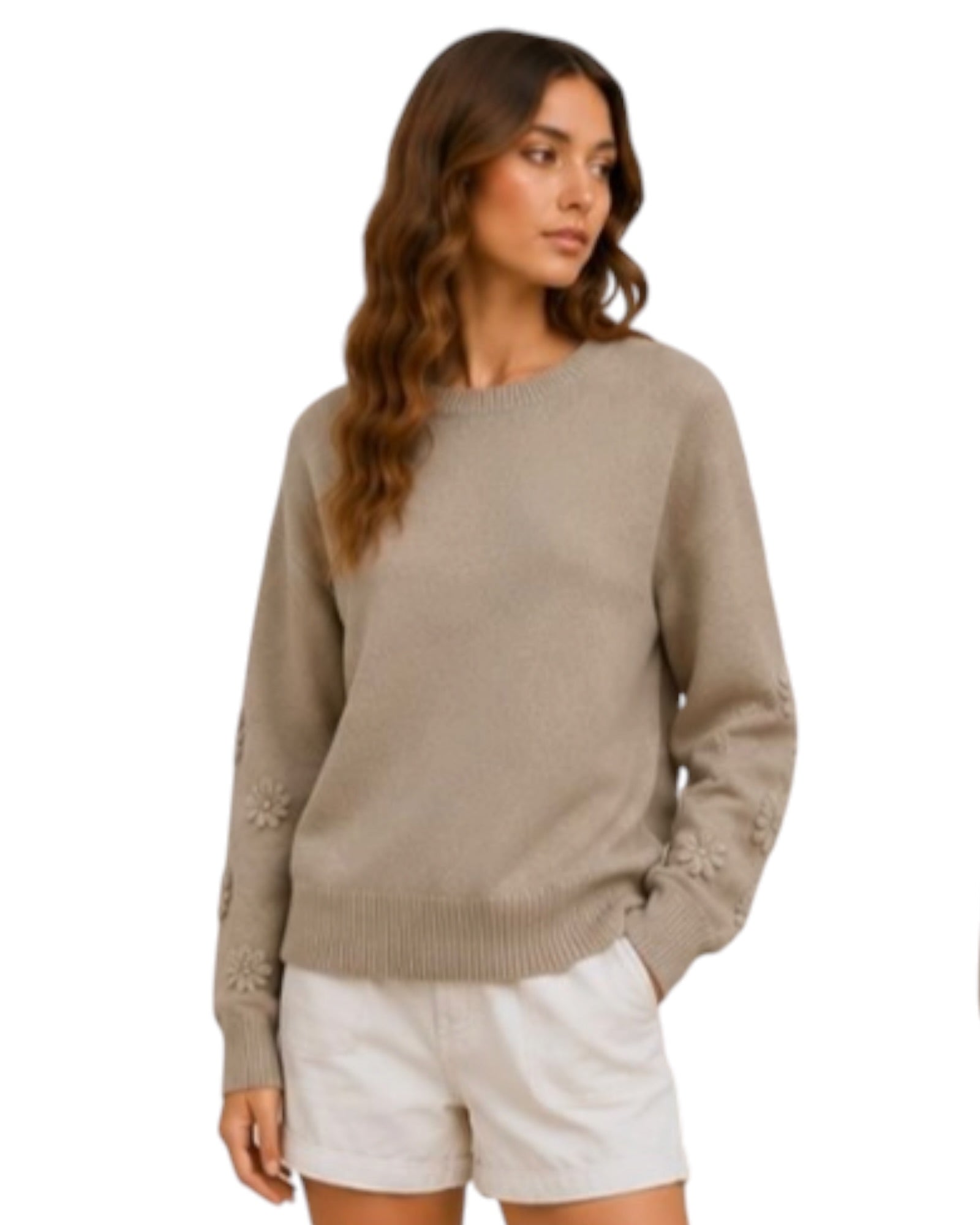 'Sal' Flower Sleeve Knit - Beige