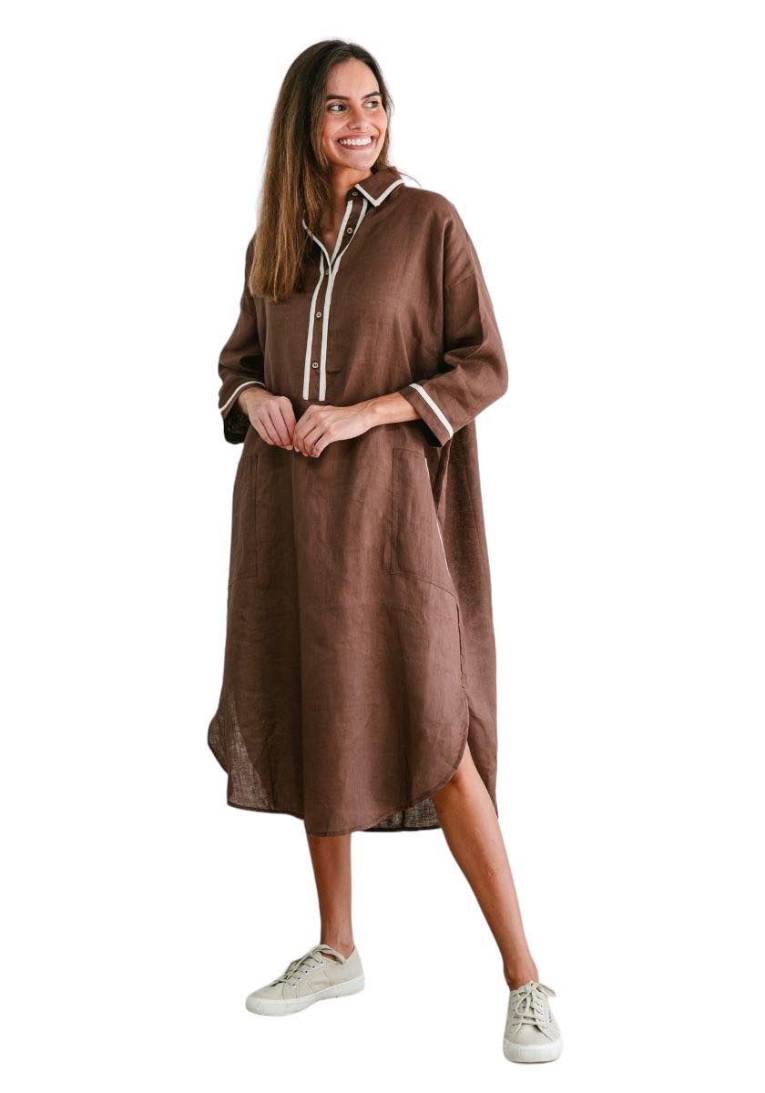 'Georgia' Linen Tulip Dress - Brown