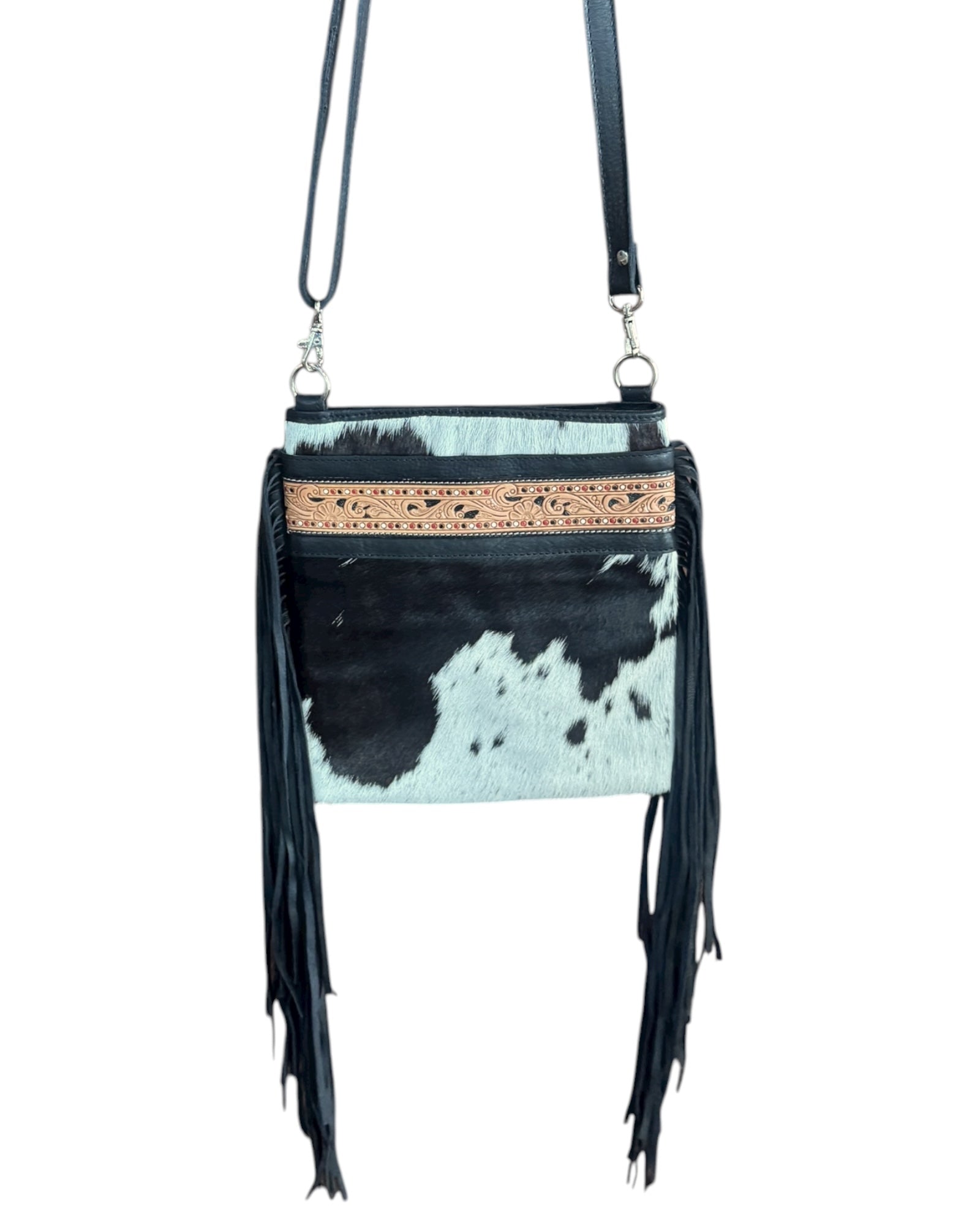 ‘Wellington’ Tooled Cowhide Tassel Bag - Black