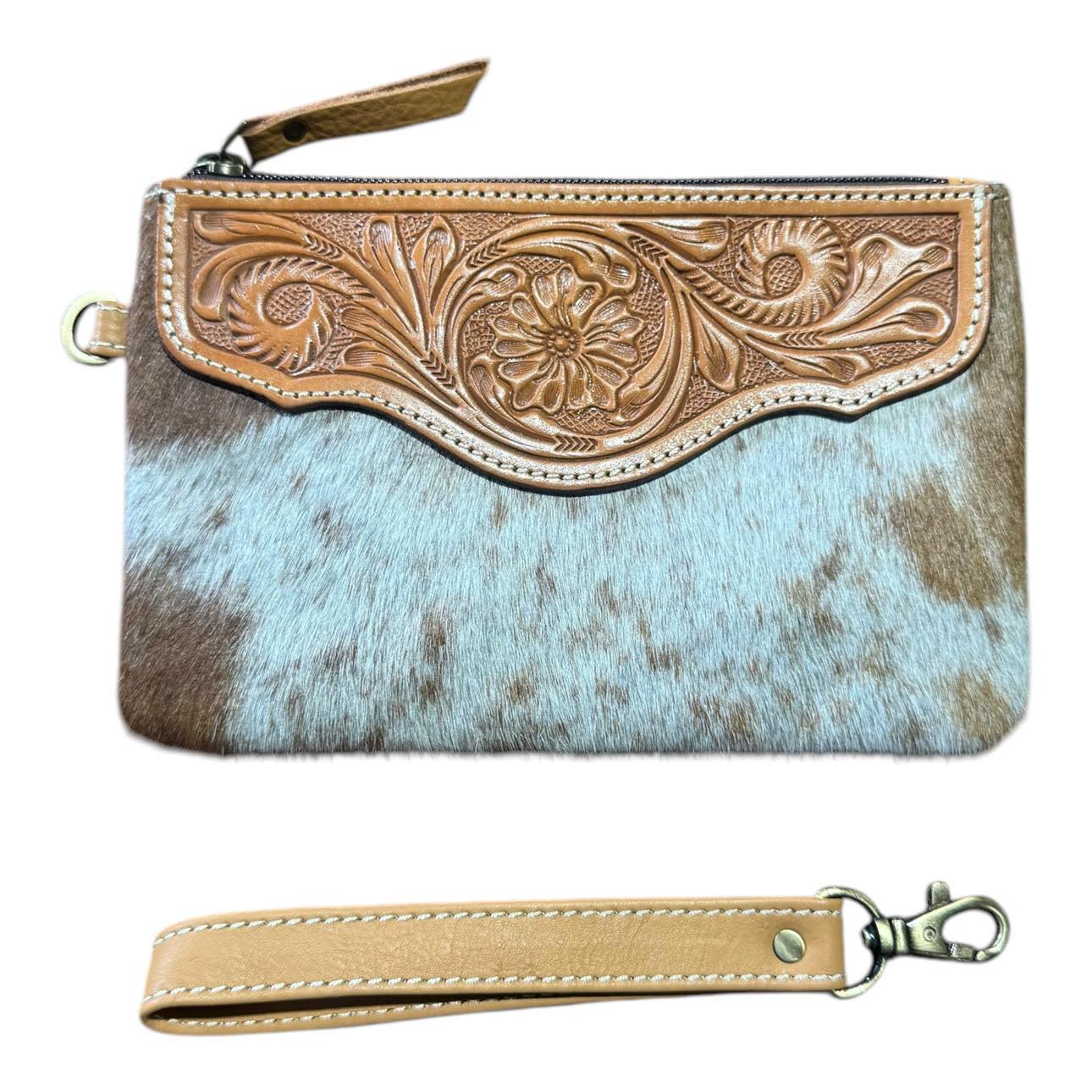 ‘Delungra' Tooled Leather Cowhide Clutch - Tan