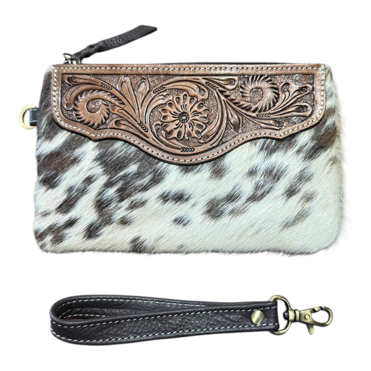 ‘Delungra' Tooled Leather Cowhide Clutch - Brown