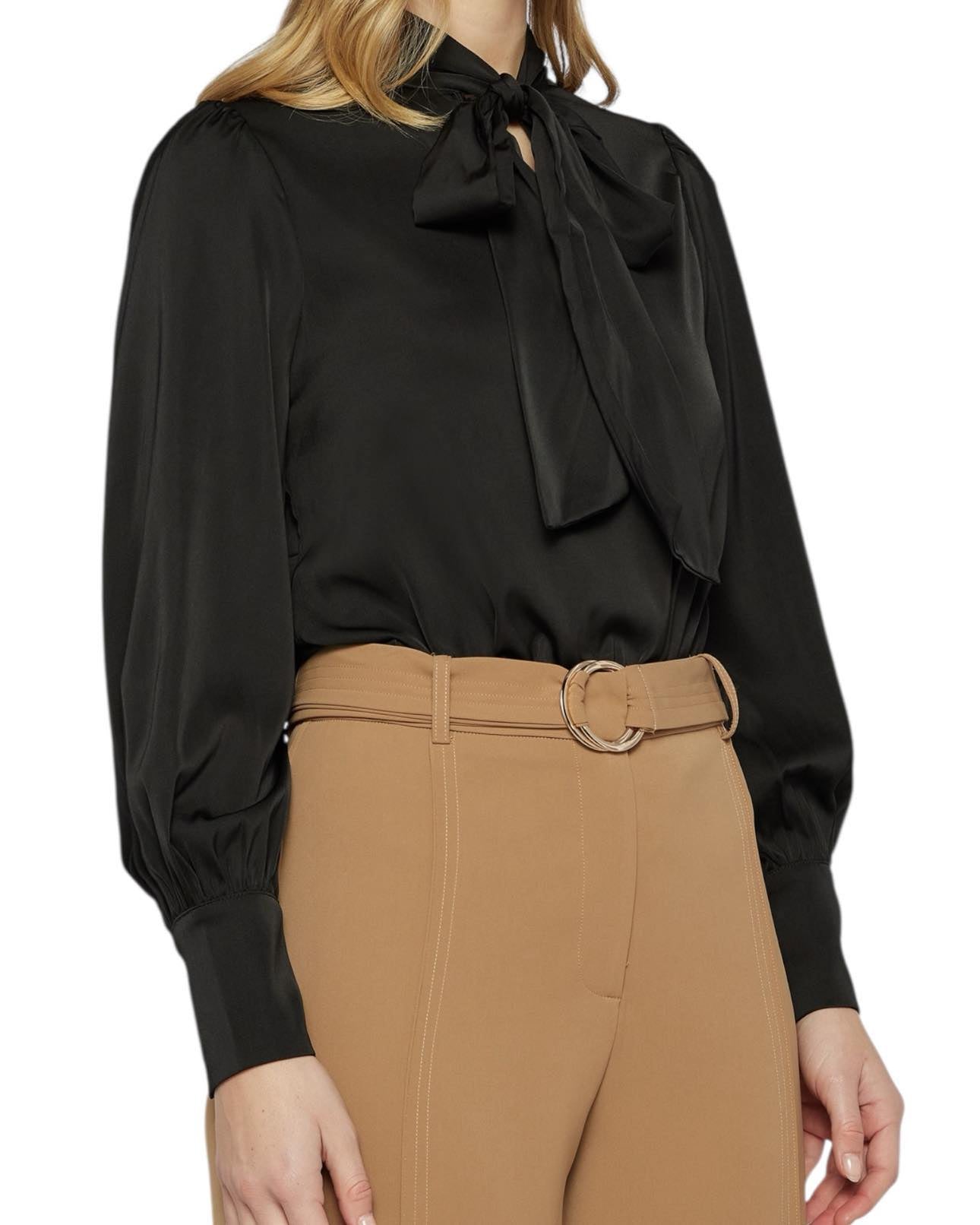 'Stephanie' Neck Tie Satin Top - Black
