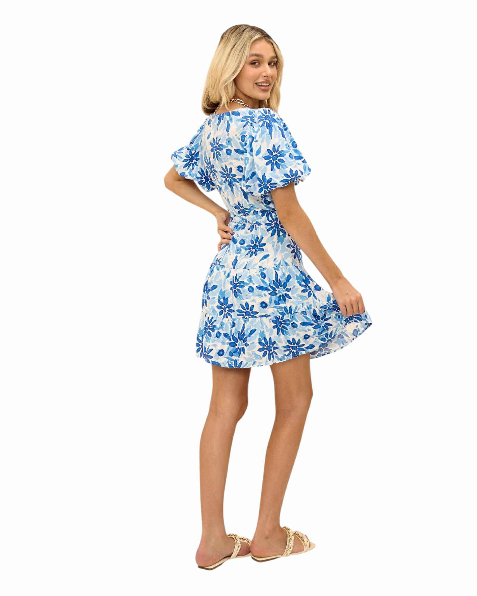 'Ella' Twist Front Mini Dress - Blue Floral