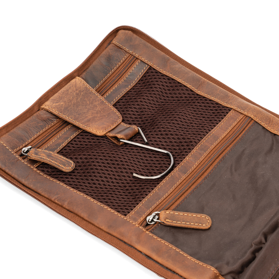 Fold Down Hanging Leather Travel Toiletry Bag