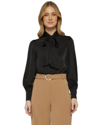 'Stephanie' Neck Tie Satin Top - Black