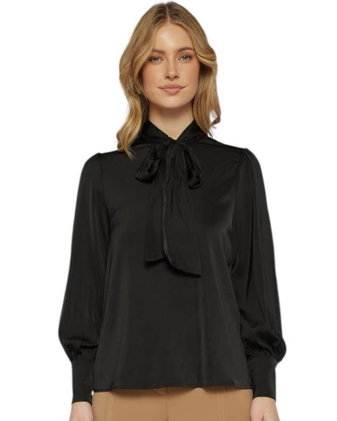 'Stephanie' Neck Tie Satin Top - Black
