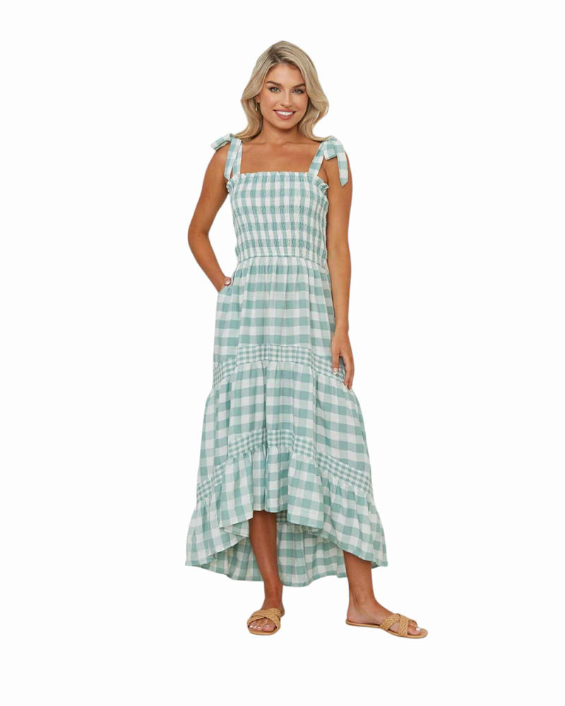 'Natalie' Gingham Shirred Dress - Sage