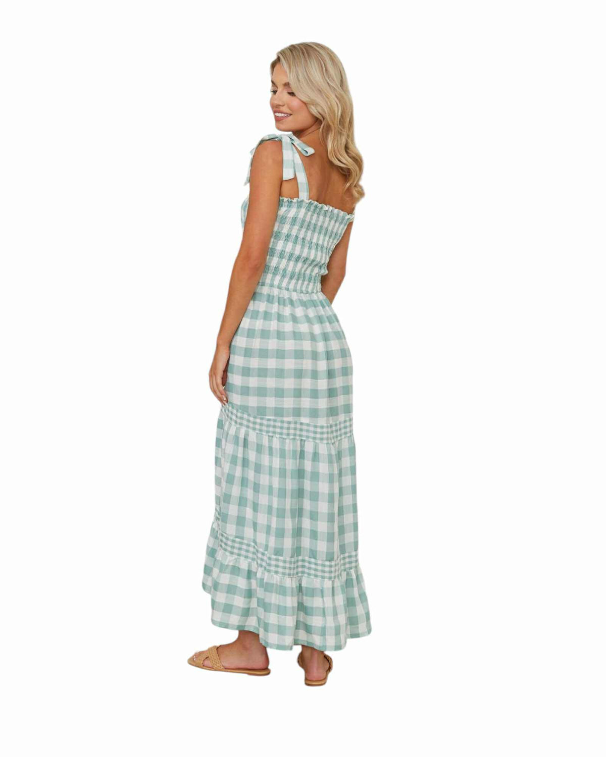 'Natalie' Gingham Shirred Dress - Sage
