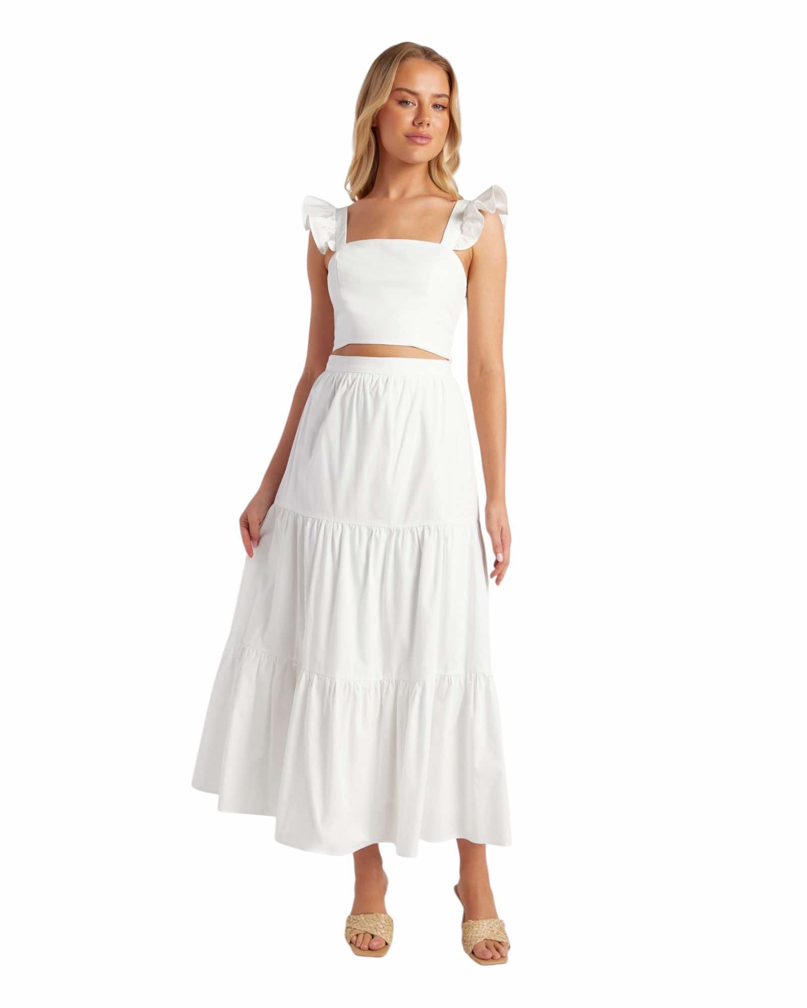 'Katie' Tiered Midi Skirt & Top Set - White