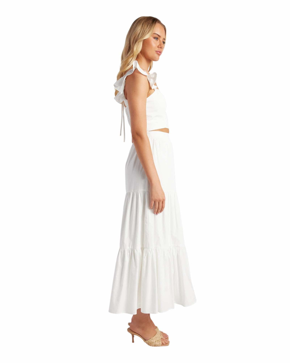 'Katie' Tiered Midi Skirt & Top Set - White