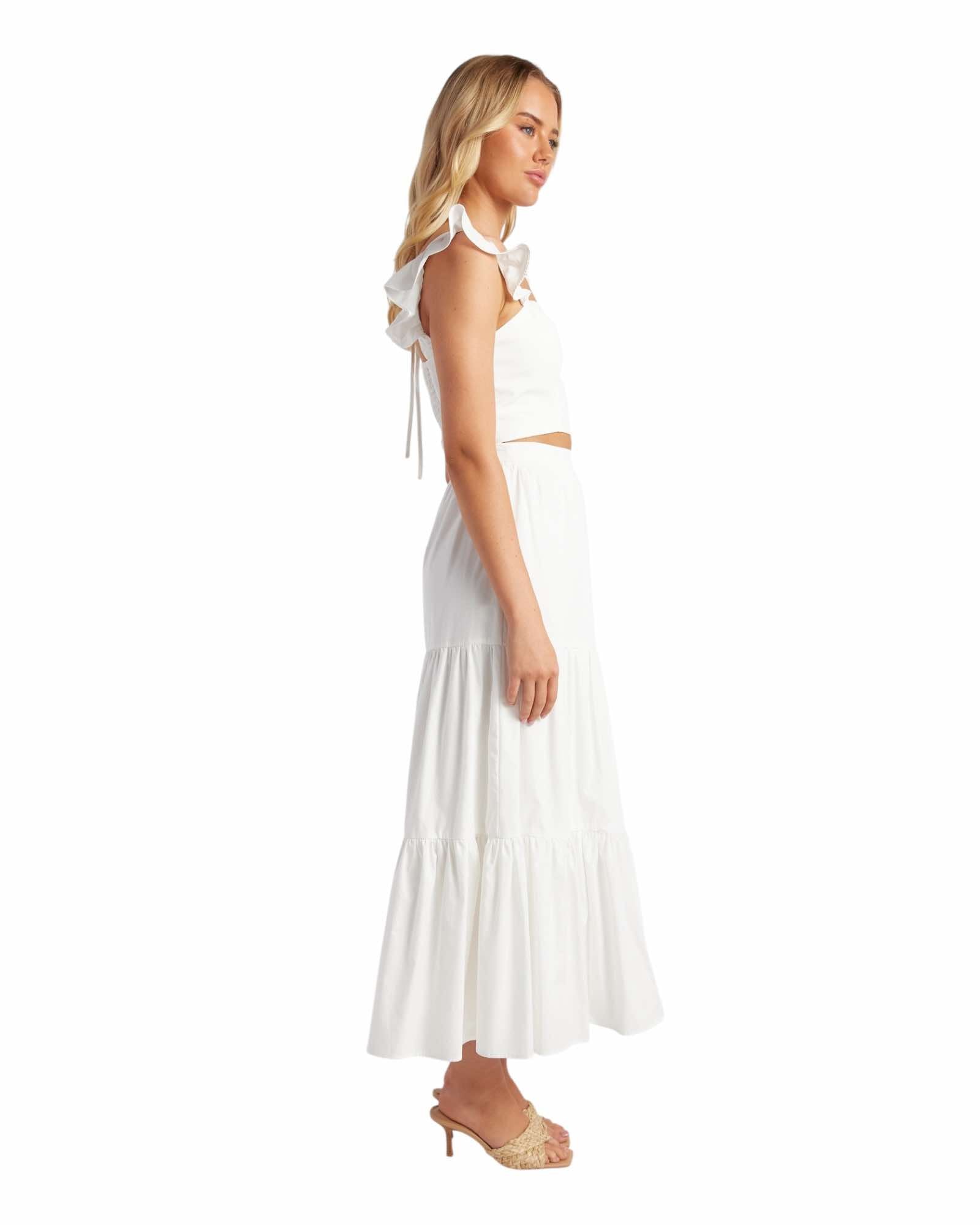 'Katie' Tiered Midi Skirt & Top Set - White