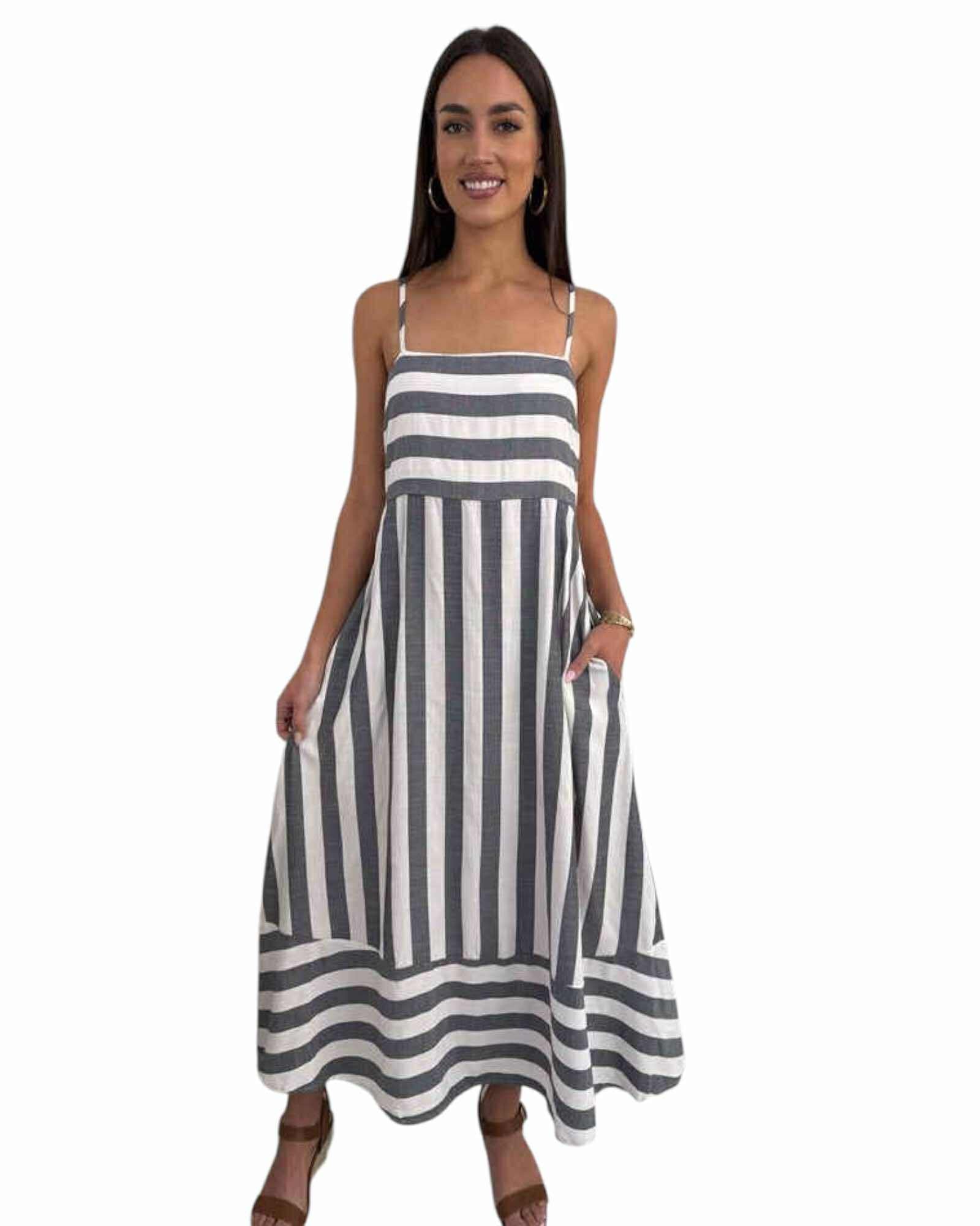 'Betty' Stripe Dress - Charcoal
