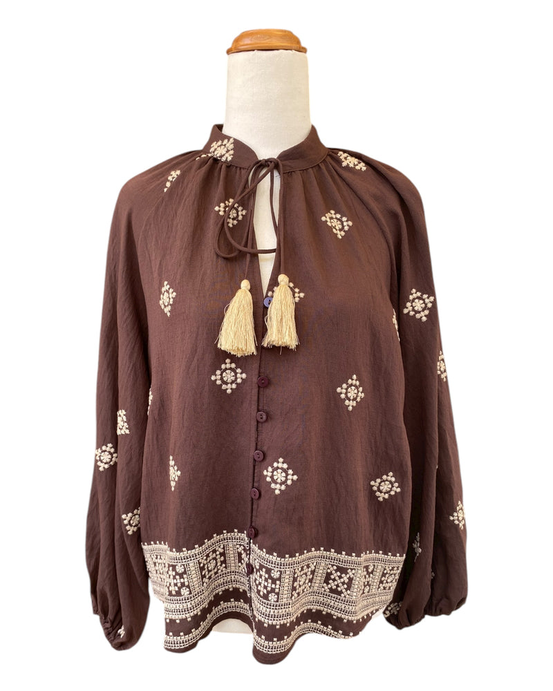 'Hannah' Embroidered Top - Brown