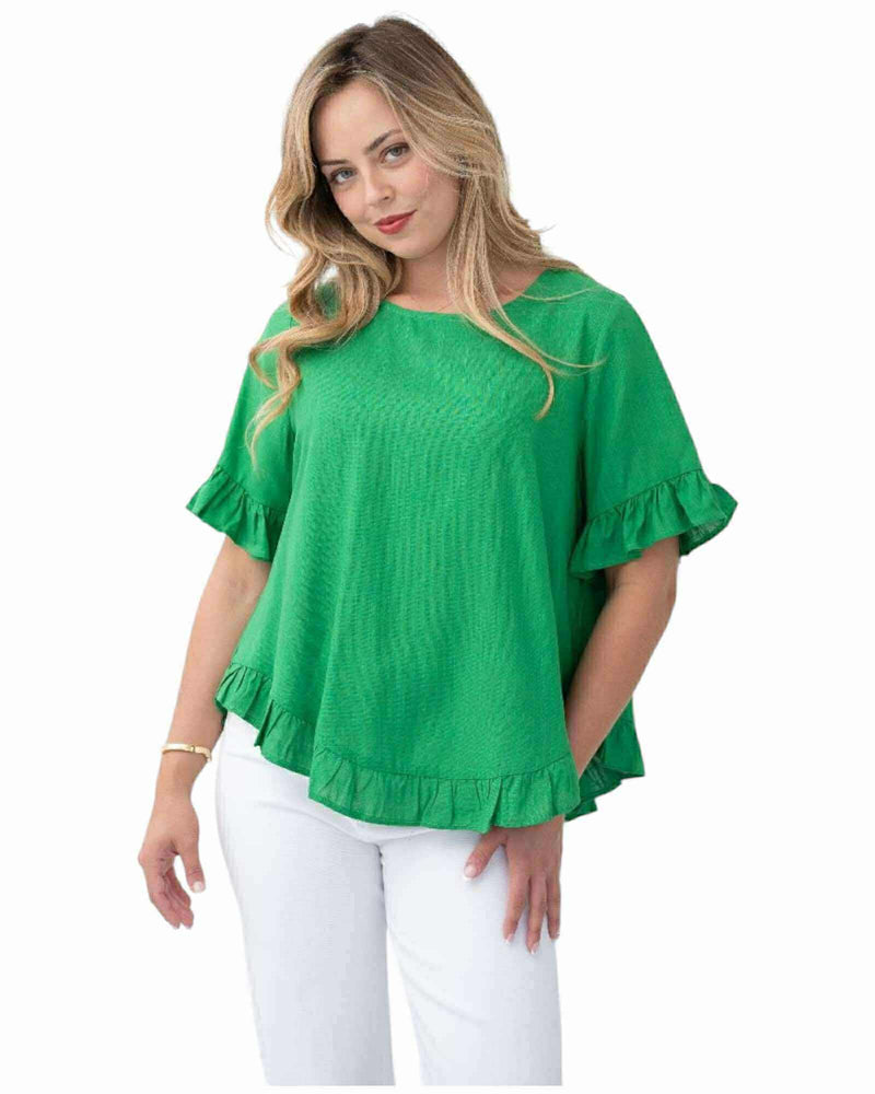 'Olivia' Linen Frill Hem Top - Green