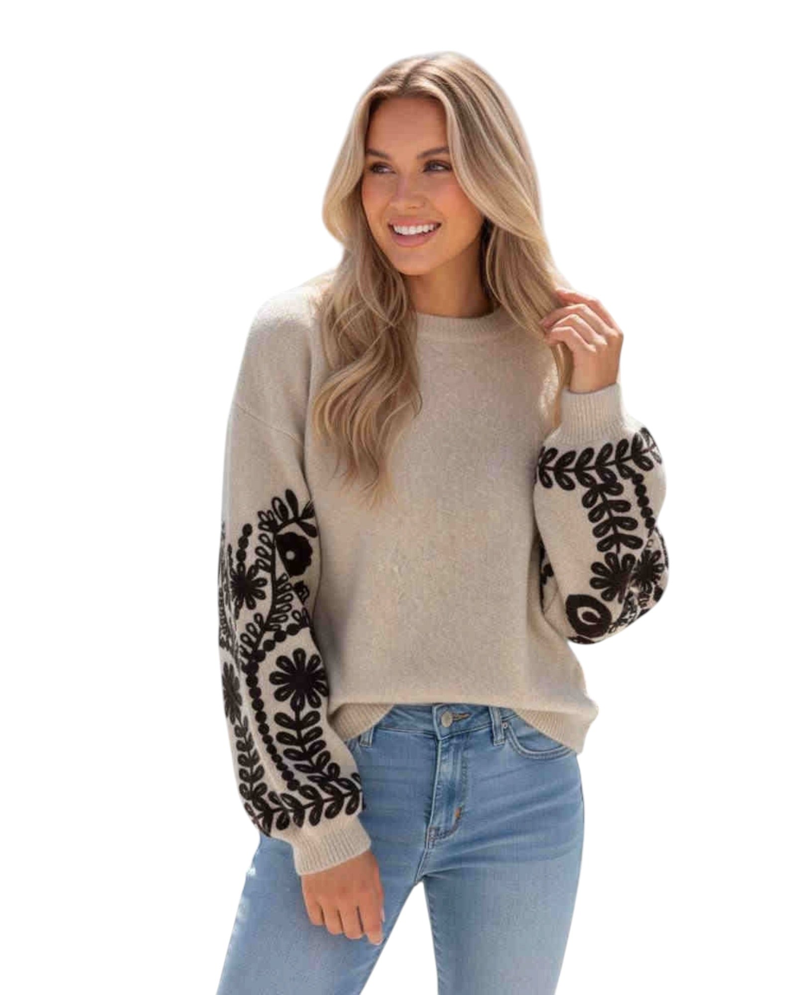 'Arna' Decorative Sleeve Knit - Oat