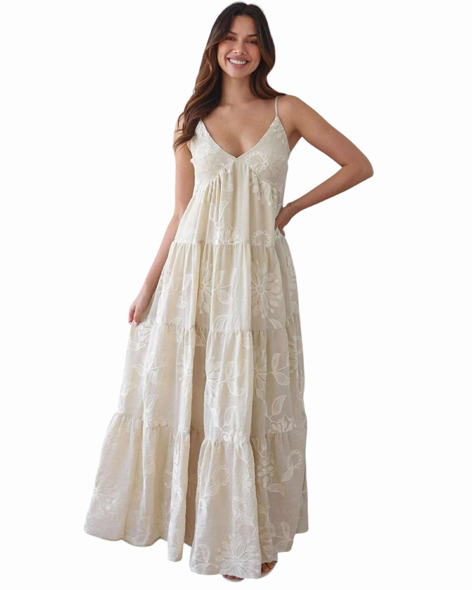 'Sal' Botanical Maxi Dress - Beige