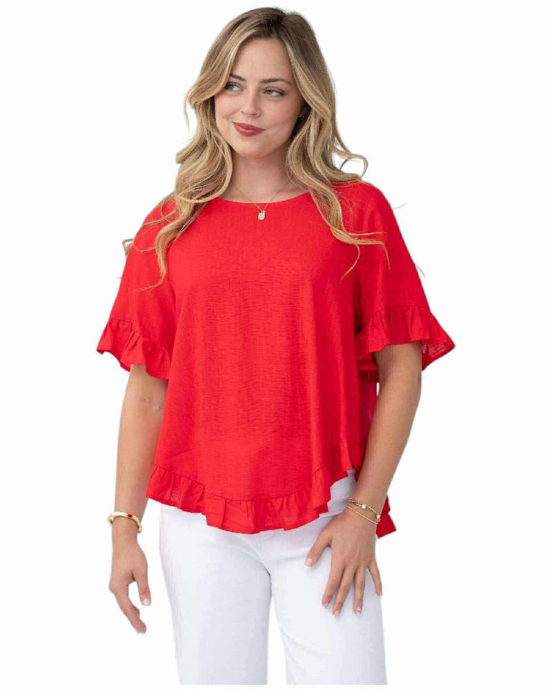 'Olivia' Linen Frill Hem Top - Red