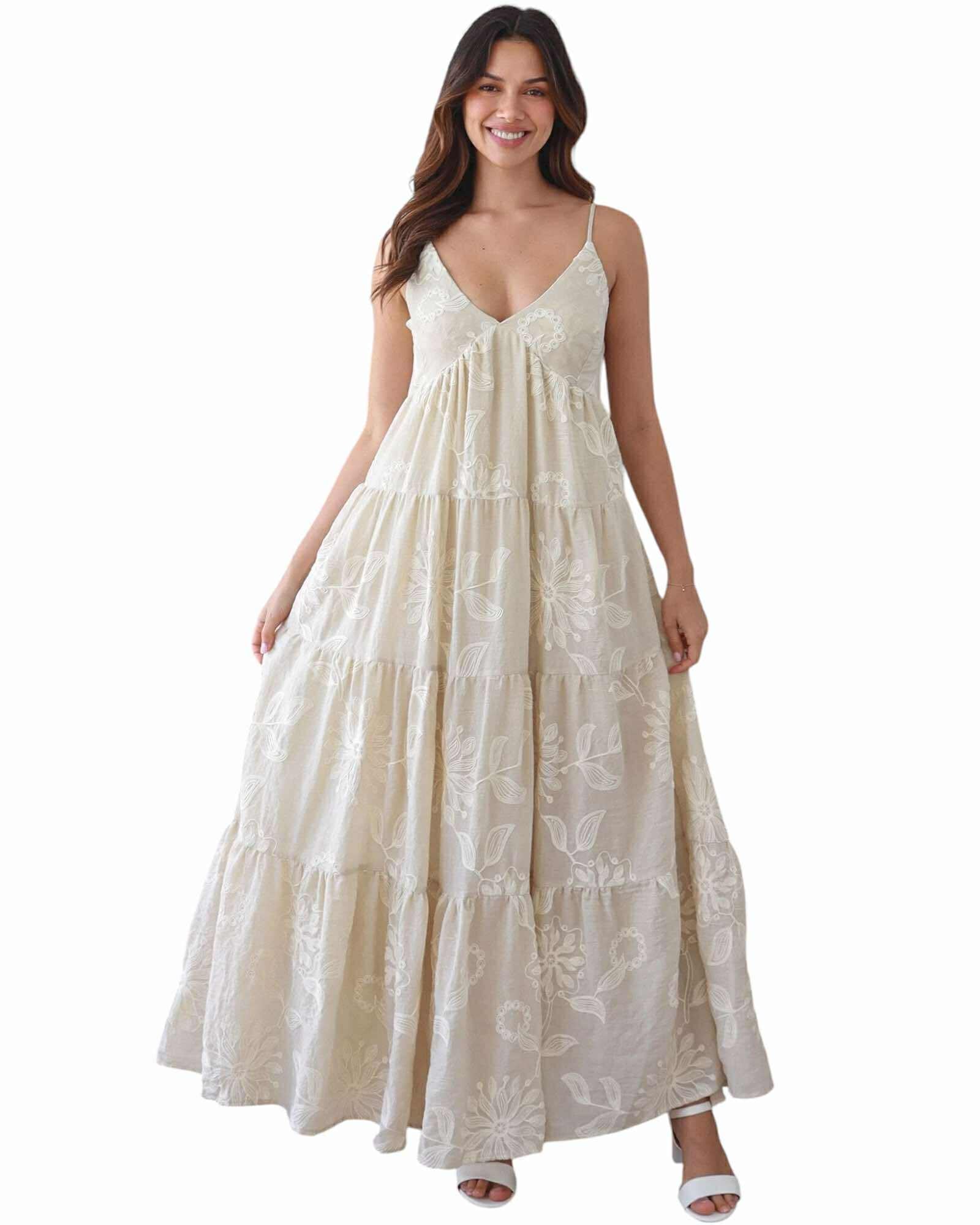 'Sal' Botanical Maxi Dress - Beige