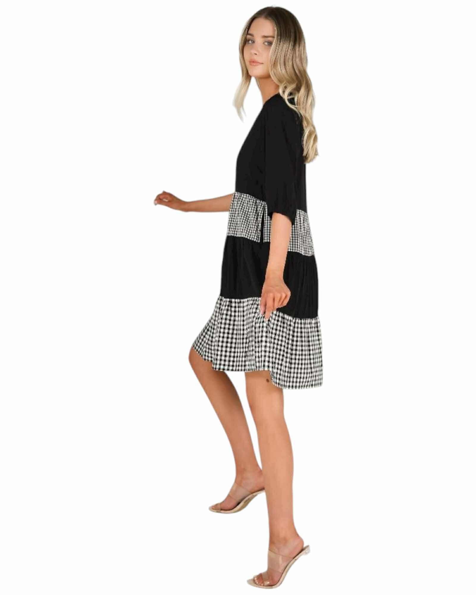 'Michelle' Gingham Block Dress - Black