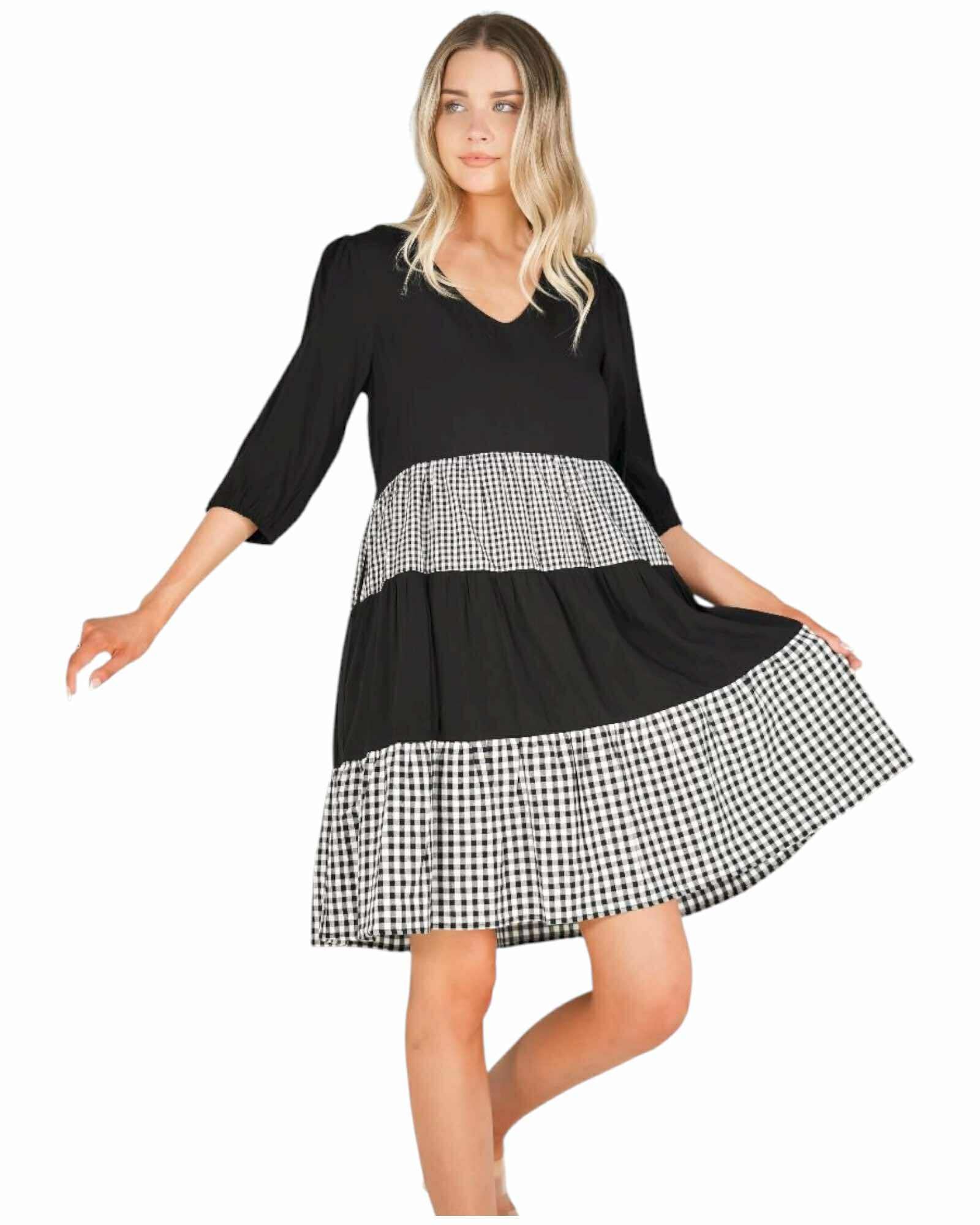 'Michelle' Gingham Block Dress - Black