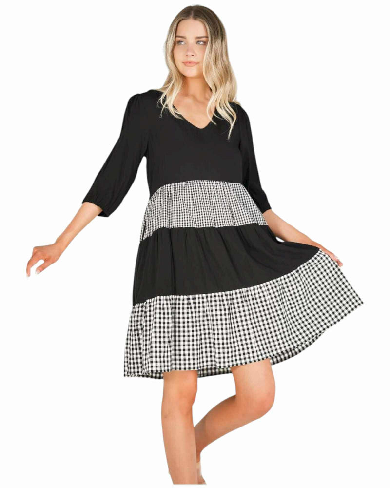 'Michelle' Gingham Block Dress - Black