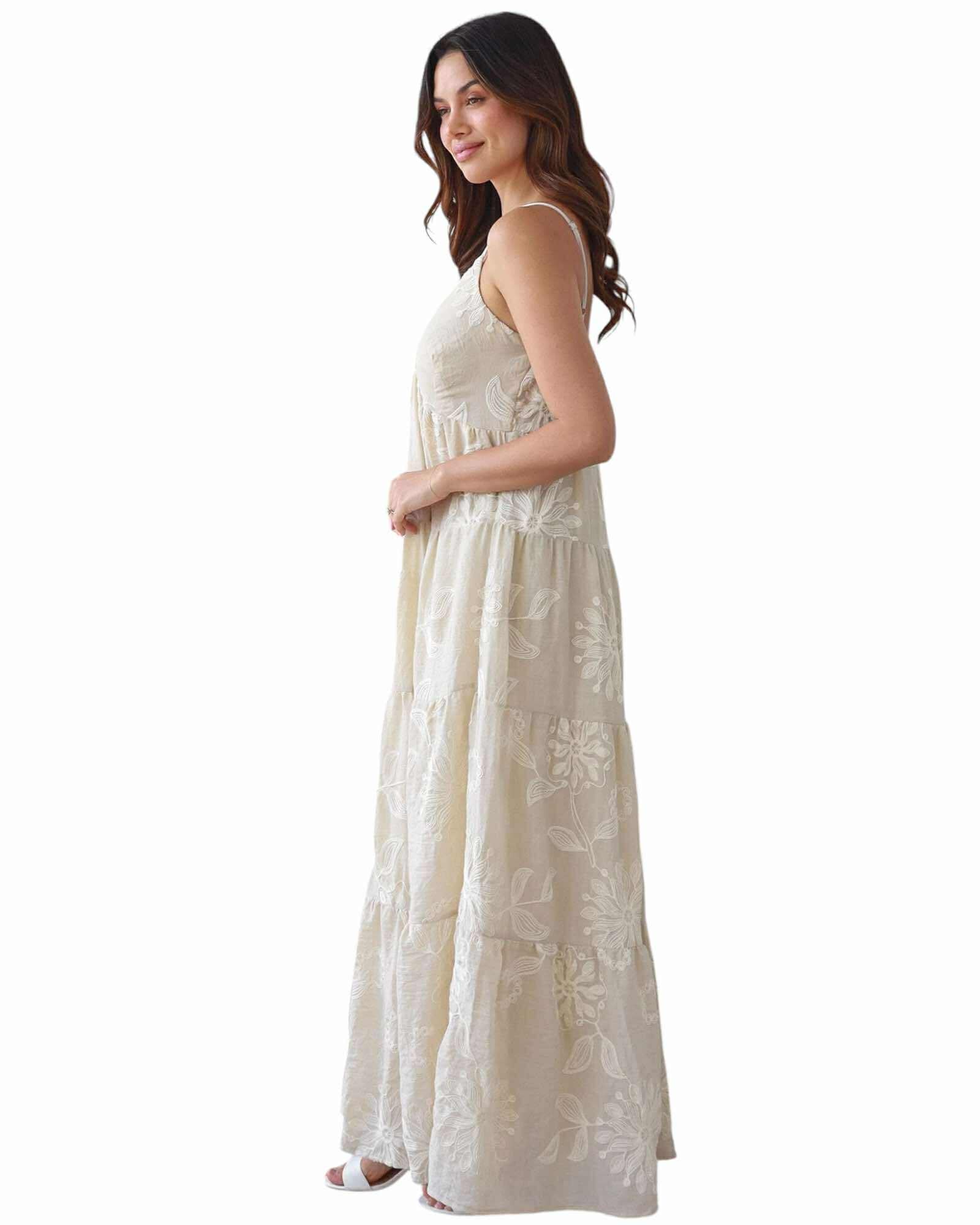 'Sal' Botanical Maxi Dress - Beige