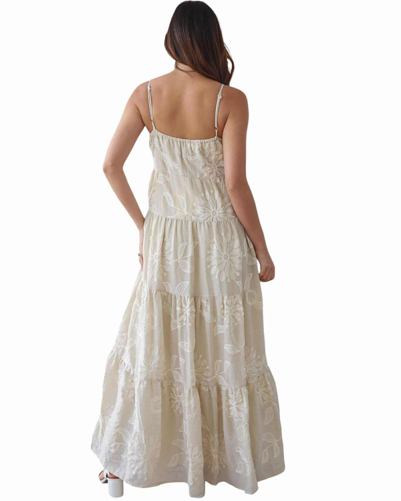 'Sal' Botanical Maxi Dress - Beige