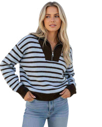 'Lateisha' Stripe Quarter Zip Knit - Choc/Blue