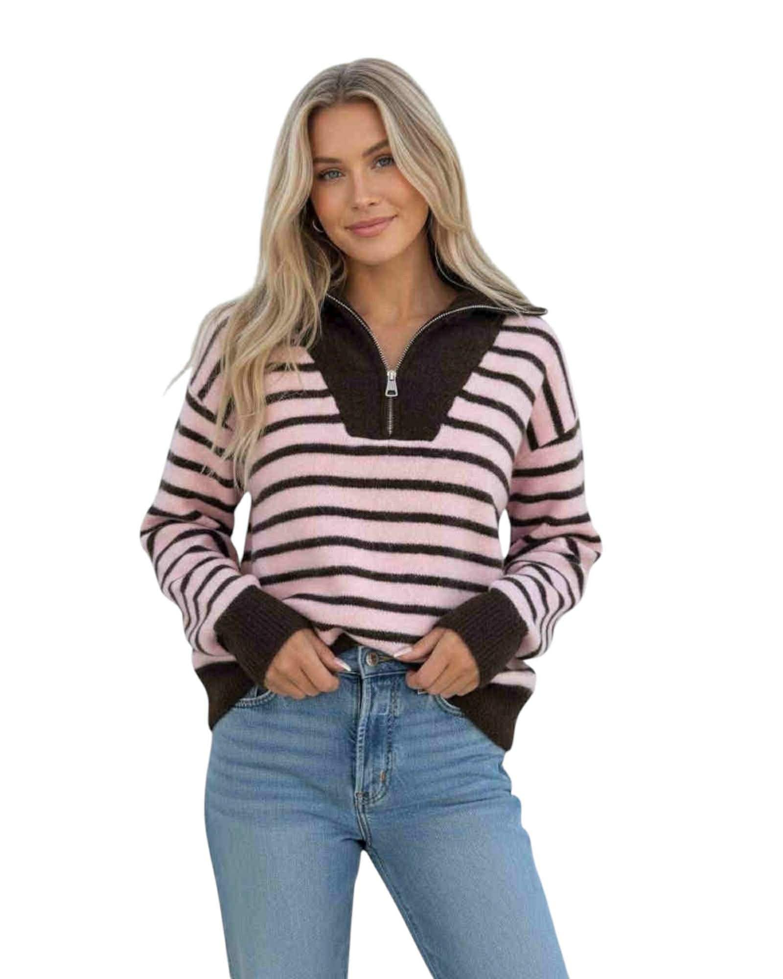 'Lateisha' Stripe Quarter Zip Knit - Choc/Pink