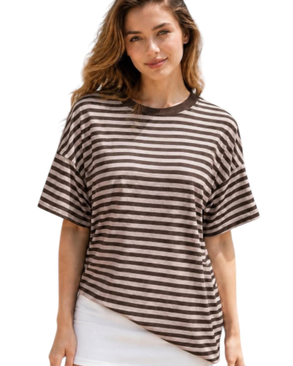 'Hayley' Stripe Tee - Choc/Pale Pink