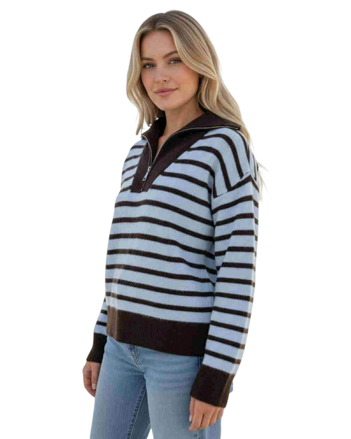 'Lateisha' Stripe Quarter Zip Knit - Choc/Blue